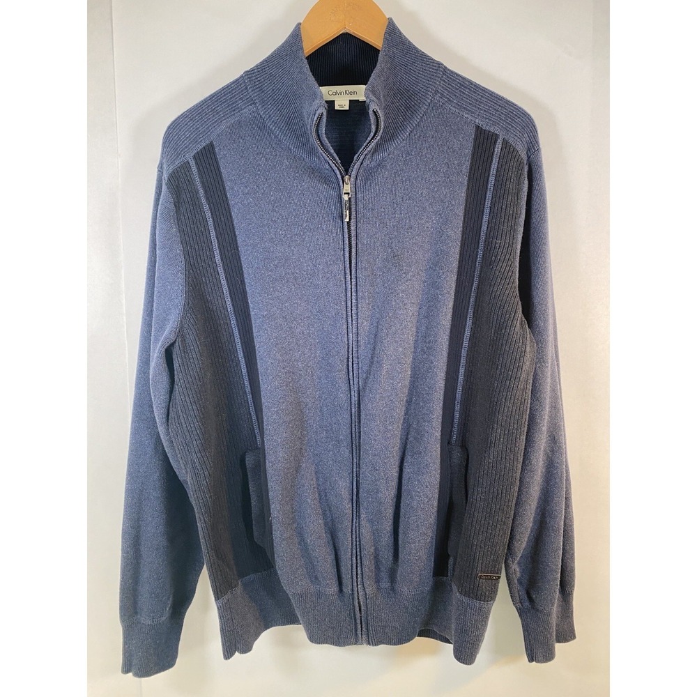 Calvin Klein Men's Size Large Blue Cotton Zip Up Sweater Full Zip Knit